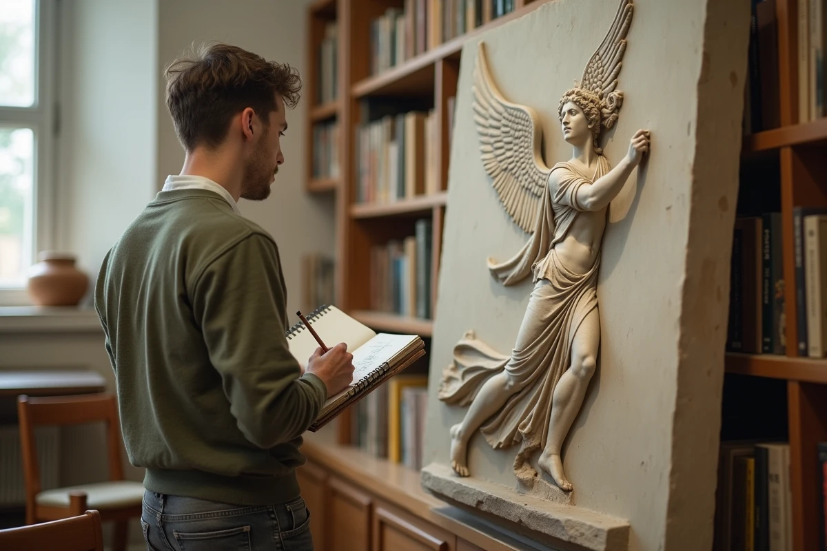 Étudiant en art dessinant une représentation d'Hermès messager ailé dans une salle de cours universitaire