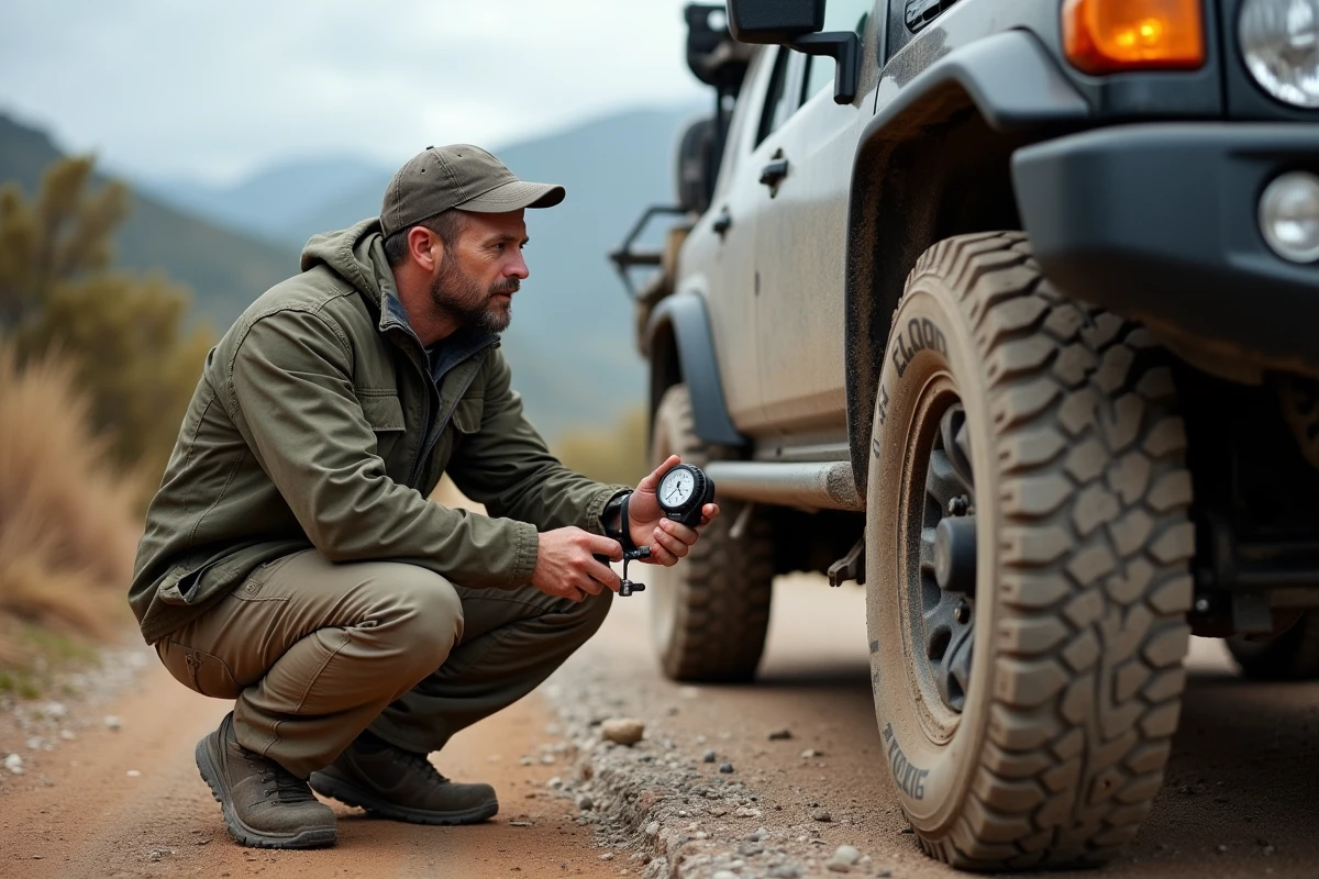 Homme vérifiant la pression des pneus d'un 4x4 en pleine nature