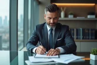 Homme d'affaires en costume dans un bureau moderne