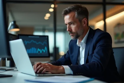 Homme d'affaires en costume navy compare des graphiques sur son ordinateur