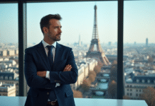 Homme d'affaires confiant dans un bureau moderne à Paris