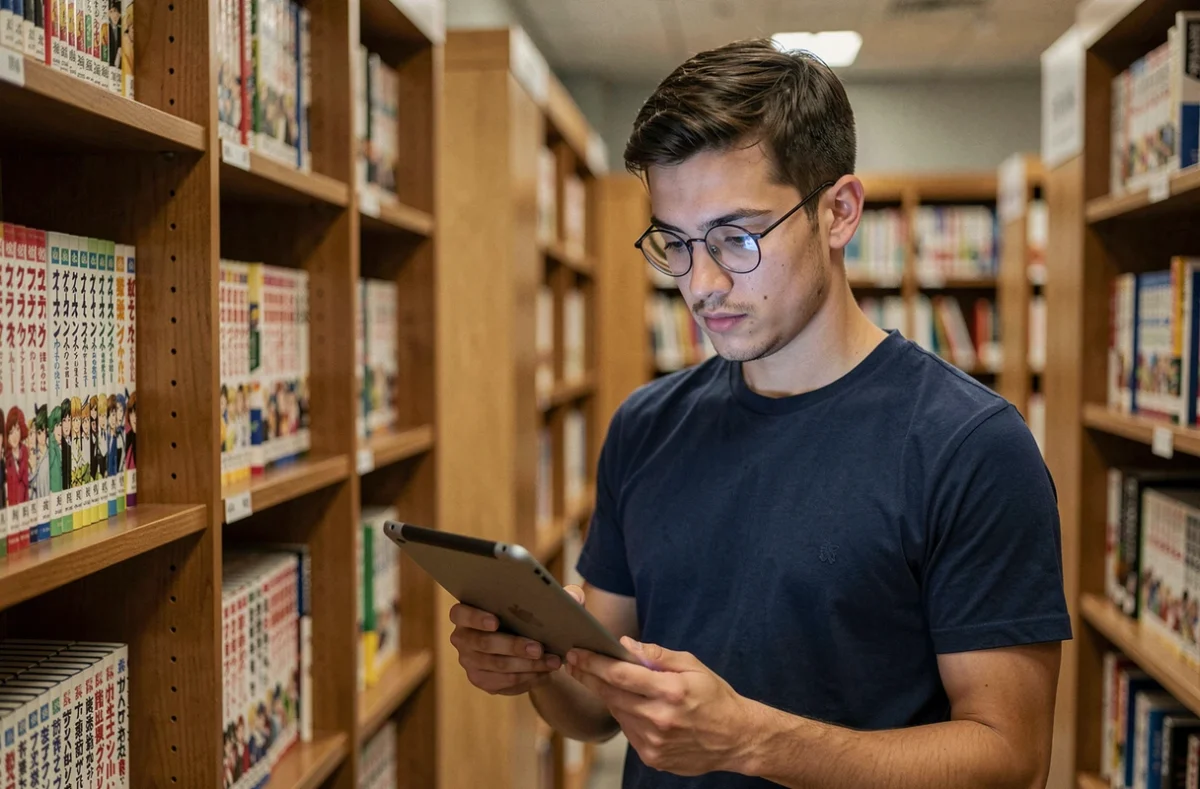 Homme en bibliothèque utilisant une tablette pour trouver rapidement un manga sur une plateforme de scan
