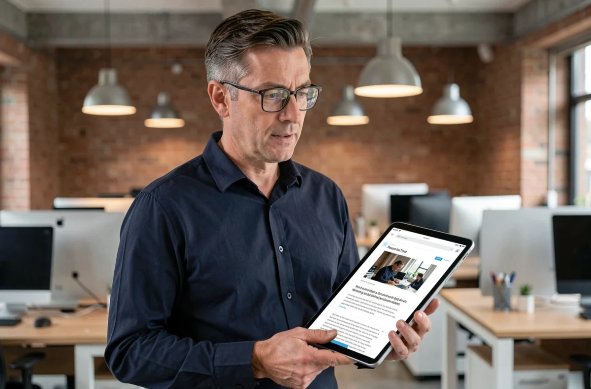 Homme lisant un article de blog spécialisé sur une tablette dans un espace de coworking moderne