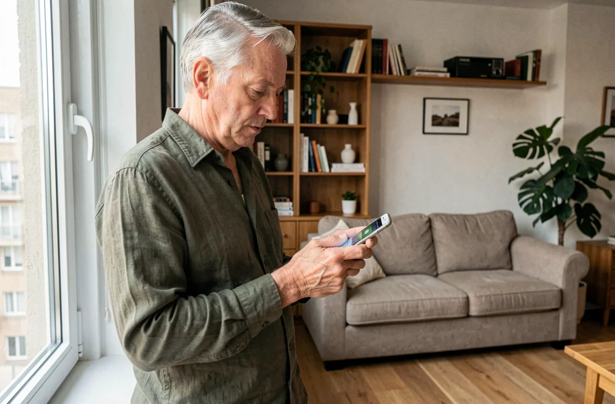 Homme mature bloquant un appel de démarchage téléphonique sur son smartphone depuis son salon avec assurance