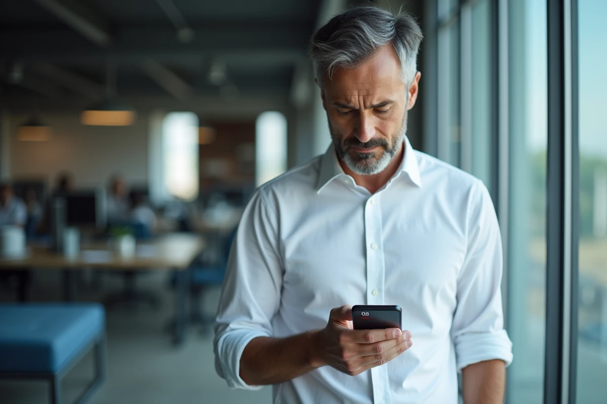 Homme en bureau consultant un appel manqué d'un numéro 06 inconnu sur son téléphone, symbolisant le besoin d'un annuaire inversé gratuit