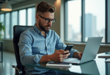 Homme en tenue décontractée travaillant sur un ordinateur dans un bureau moderne