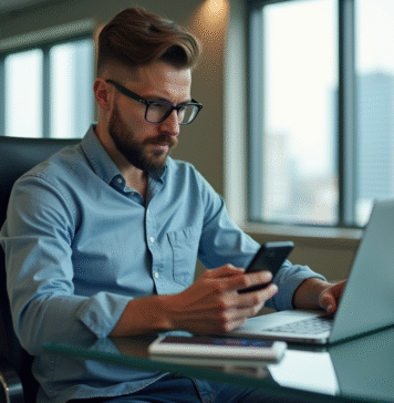 Homme en tenue décontractée travaillant sur un ordinateur dans un bureau moderne