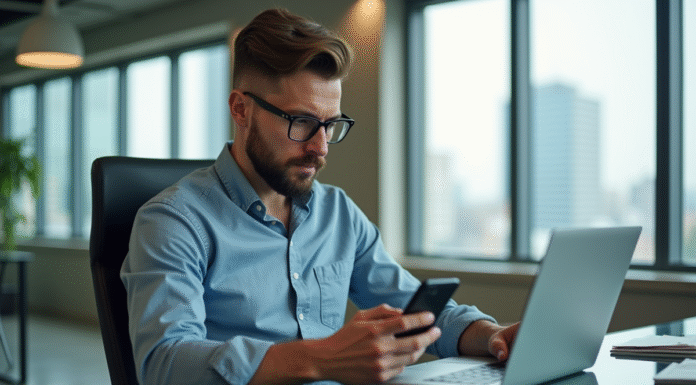 Homme en tenue décontractée travaillant sur un ordinateur dans un bureau moderne