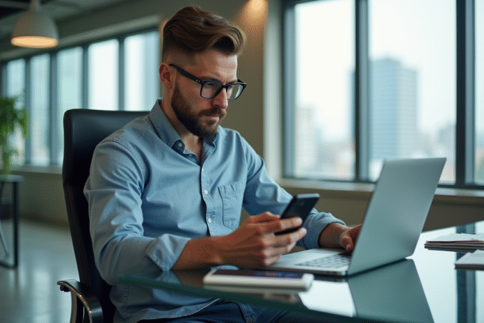 Homme en tenue décontractée travaillant sur un ordinateur dans un bureau moderne