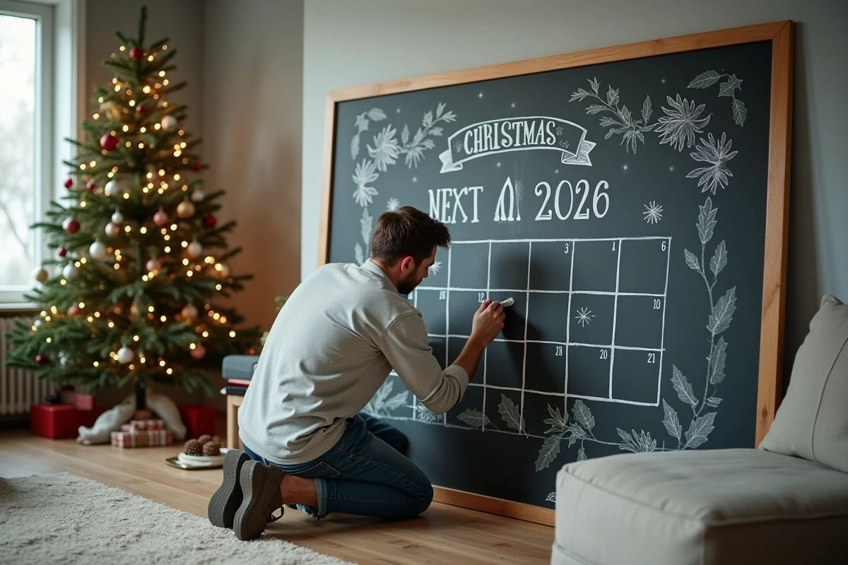 Homme dessinant un calendrier de compte à rebours de Noël 2026 personnalisé sur un tableau ardoise dans un salon décoré