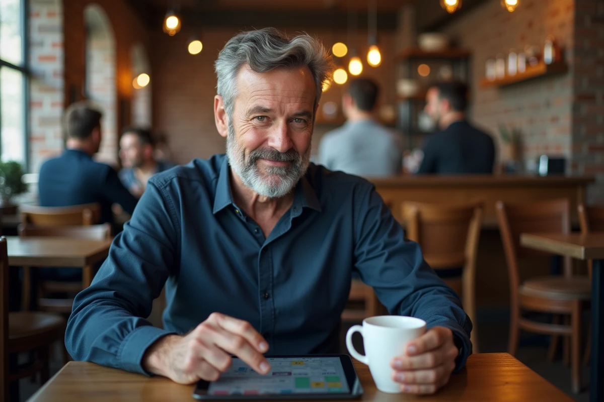 Homme jouant à Codycross sur tablette dans un café, cherchant le mot de passe du jour