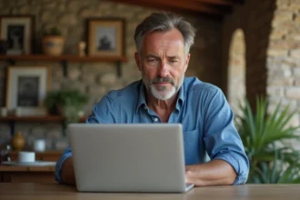 Homme corsicain lisant les actualites sur son ordinateur