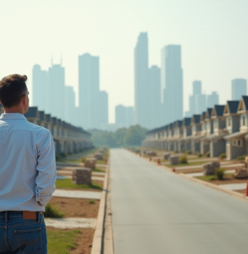 Avantages et impacts de l’étalement urbain : analyse complète en 2025 Homme d'âge moyen regardant des maisons neuves en banlieue