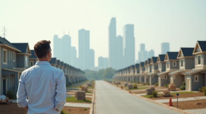 Homme d'âge moyen regardant des maisons neuves en banlieue