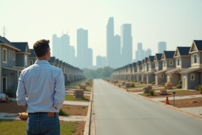 homme-devant-maisons-neuves Homme d'âge moyen regardant des maisons neuves en banlieue