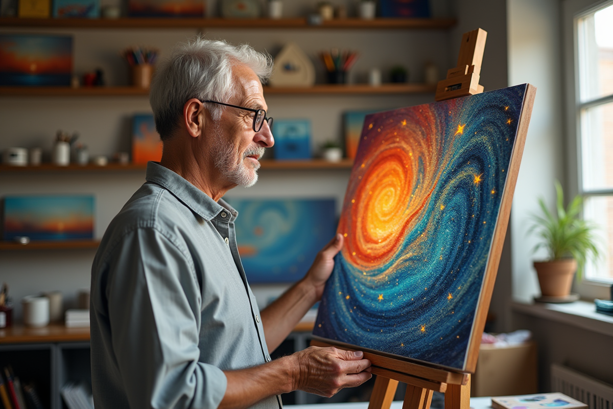 Homme âgé observant une peinture diamant sur chevalet dans un atelier
