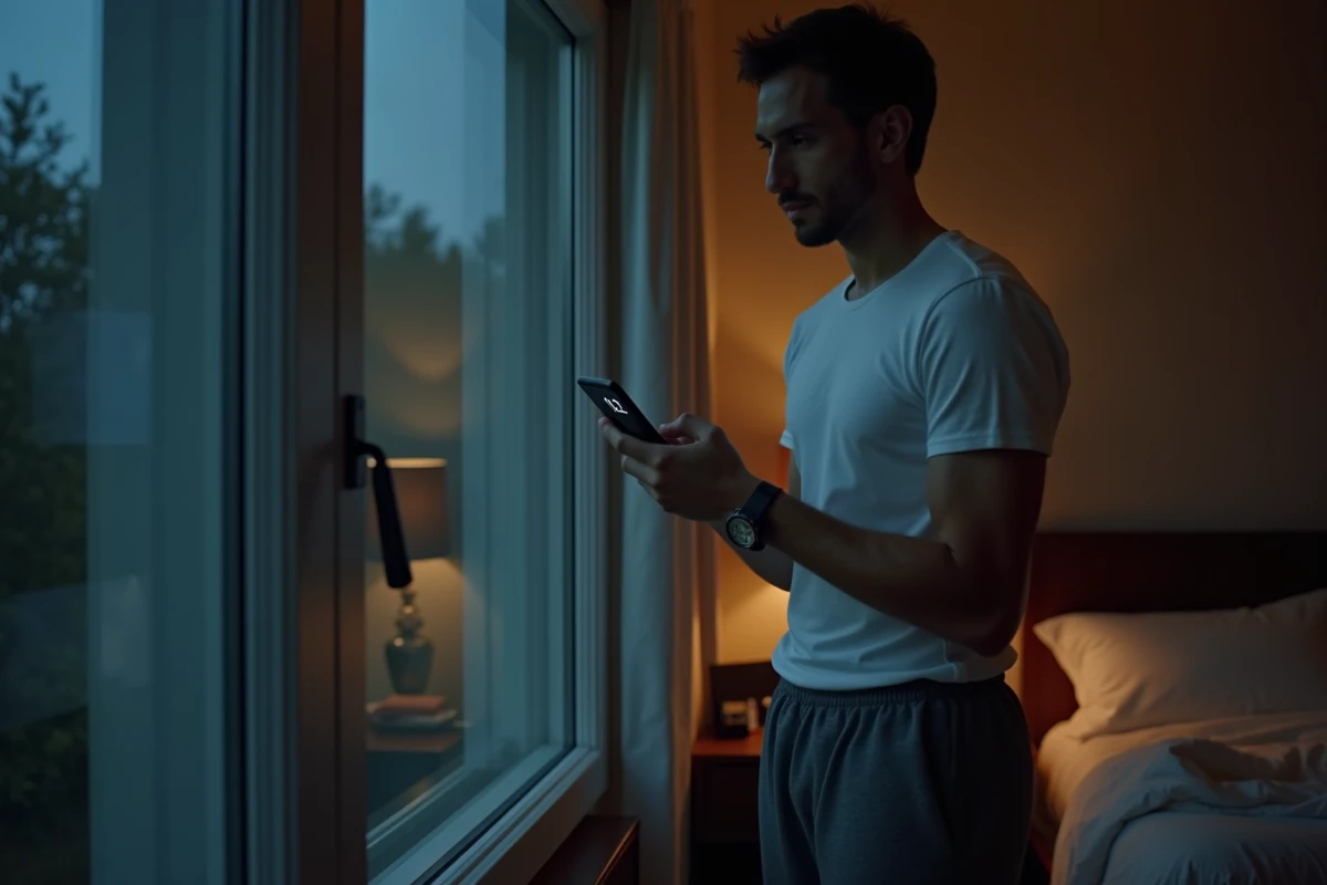 Homme debout près d'une fenêtre la nuit tenant son téléphone affichant 21h12, regard mélancolique après une crise de couple dans une chambre