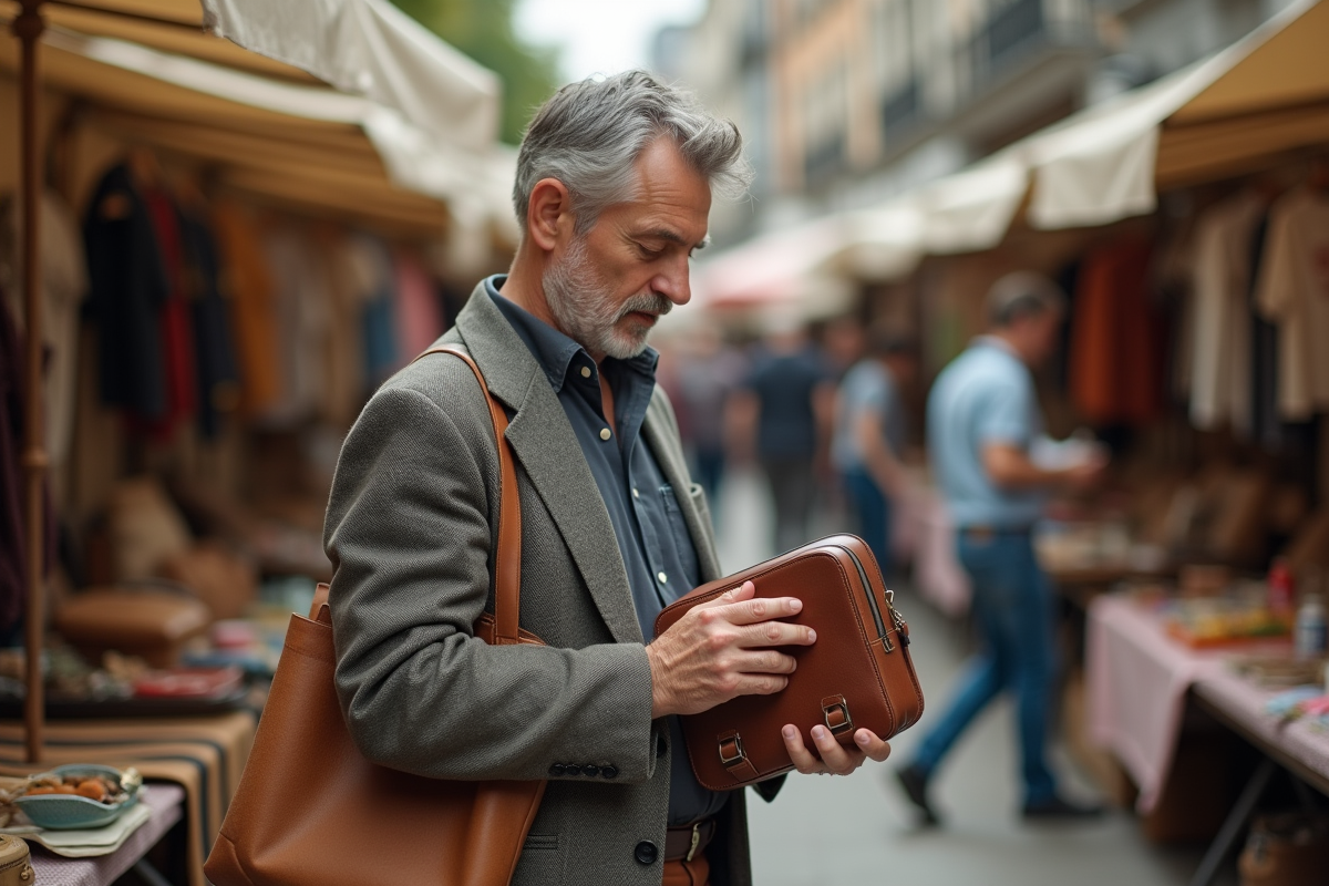 Homme inspectant une sacoche en cuir dans un marché aux puces en plein air