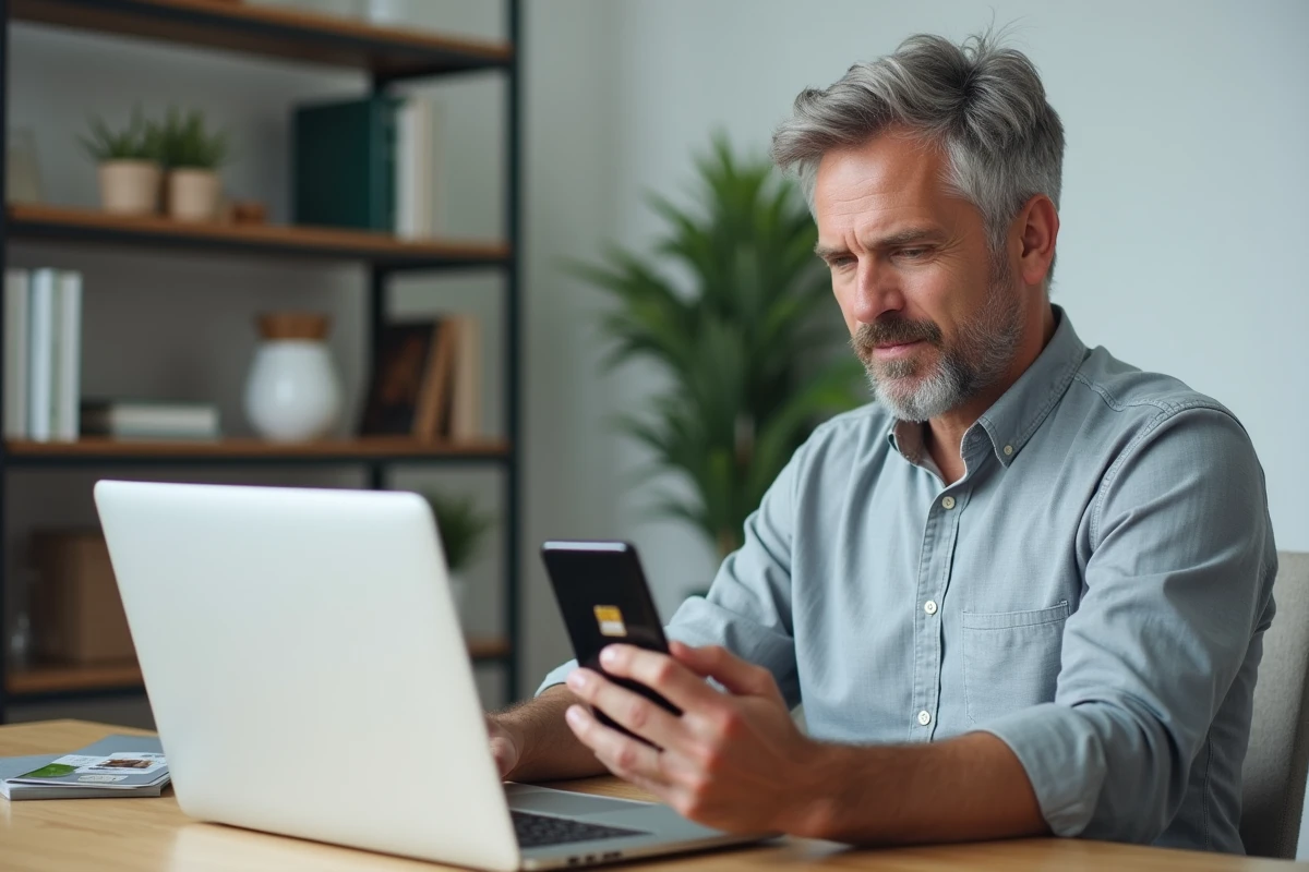 Homme consultant des offres de forfait mobile pas cher sur ordinateur et téléphone à domicile