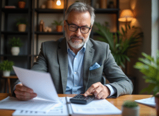 Taux d’imposition sur les revenus fonciers : calcul et astuces pour payer moins d’impôts Homme d'âge moyen examinant documents d'impots à la maison