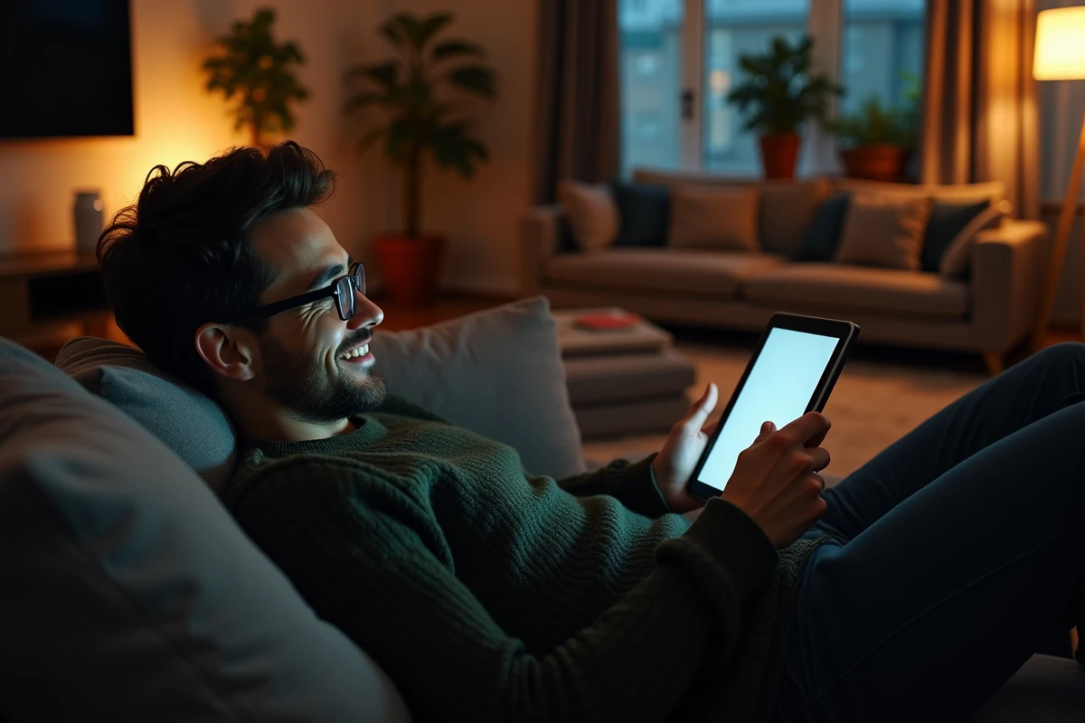 Homme adulte consulant un guide de solution Rooms and Exits sur tablette dans un salon contemporain le soir