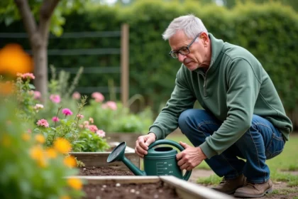 Homme en vêtements de jardinage vérifiant un verre doseur dans le jardin