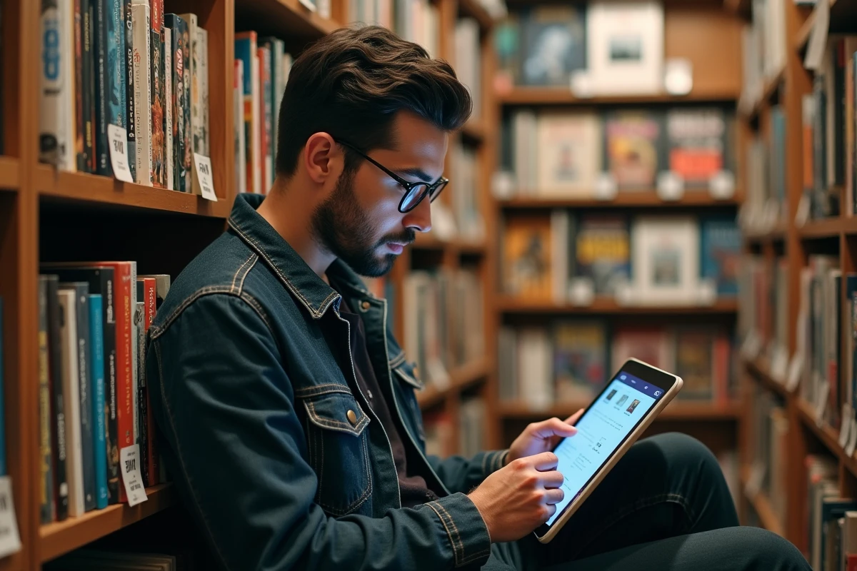 Homme consultant une plateforme de lecture numérique dans une librairie spécialisée manga, évoquant les alternatives légales à la lecture en scan
