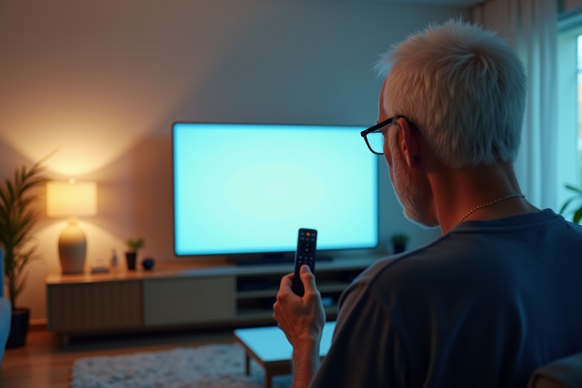 Homme frustré tenant une télécommande devant un écran blanc
