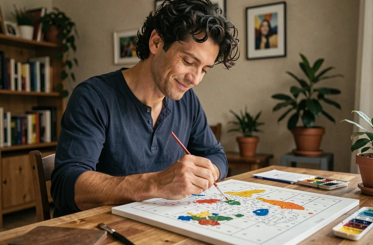 Homme concentré appliquant de la peinture sur une toile peinture au numéro de qualité supérieure