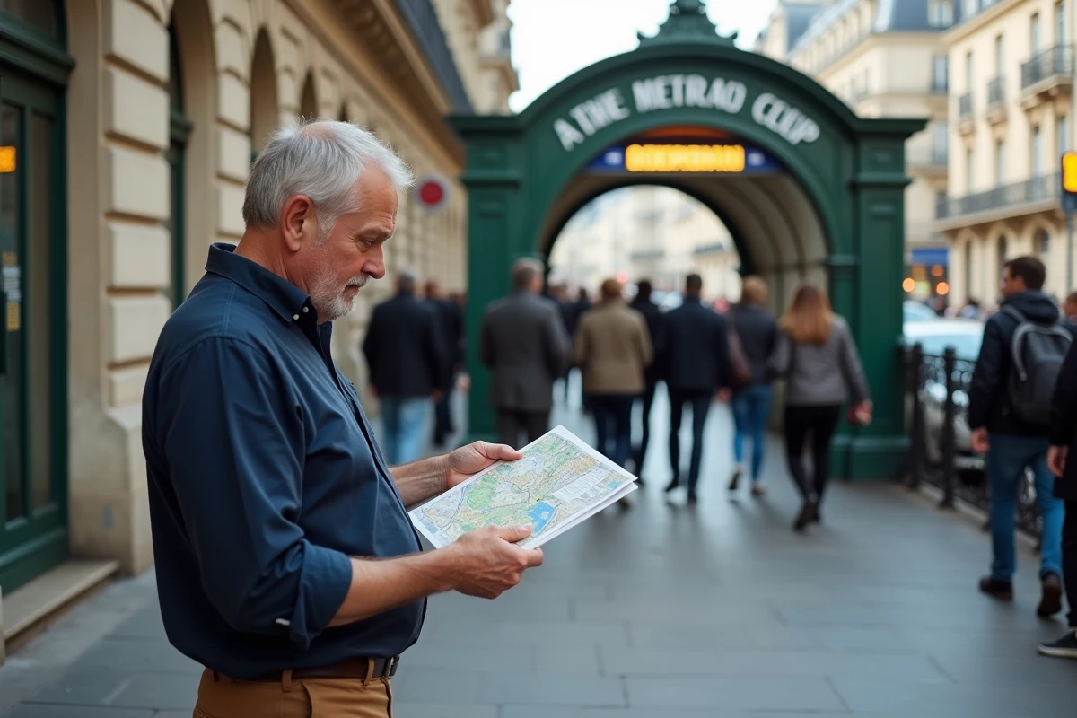 Homme tenant un plan de métro de Paris imprimé devant une entrée de station