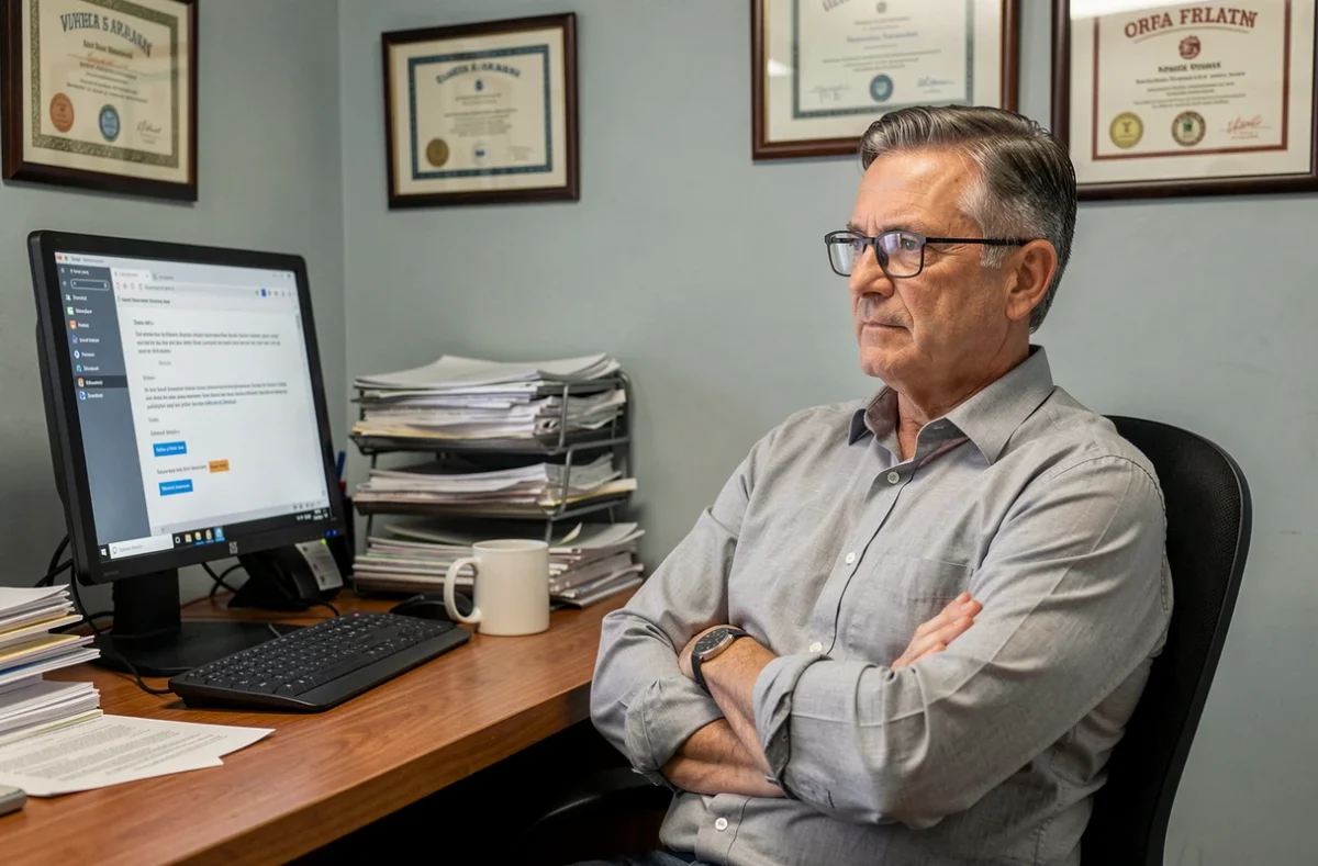 Homme d'affaires expérimenté relisant attentivement un email reçu sur son ordinateur de bureau, reflétant l'importance des formules de politesse dans la correspondance professionnelle
