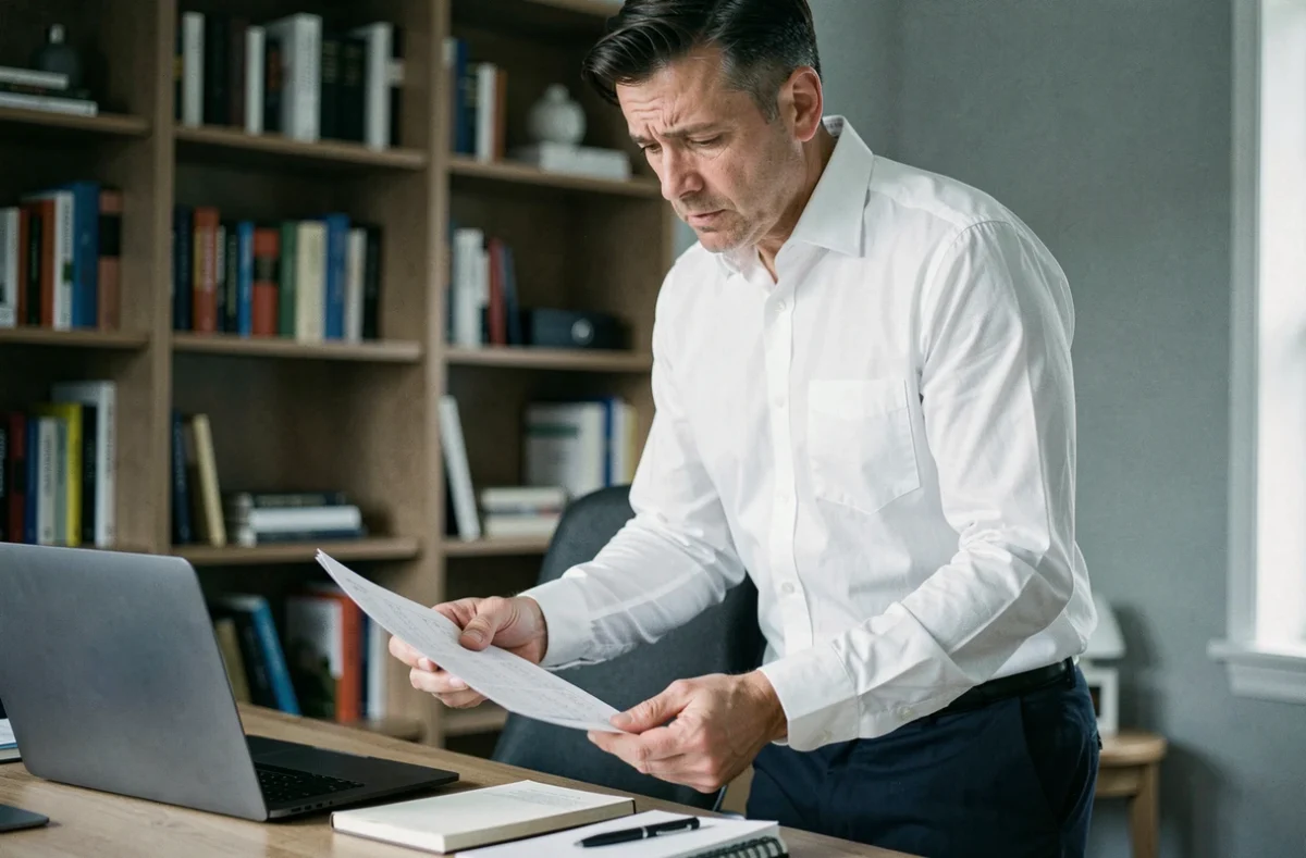 Homme en chemise blanche consultant un relevé d'appels papier dans un bureau à domicile, cherchant à identifier un appel entrant au 0568