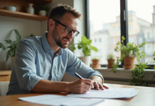 Avantages du micro-foncier : tout savoir pour optimiser vos impôts Homme d'une trentaine d'années relisant des documents dans une cuisine lumineuse