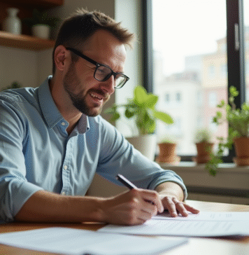 Avantages du micro-foncier : tout savoir pour optimiser vos impôts Homme d'une trentaine d'années relisant des documents dans une cuisine lumineuse