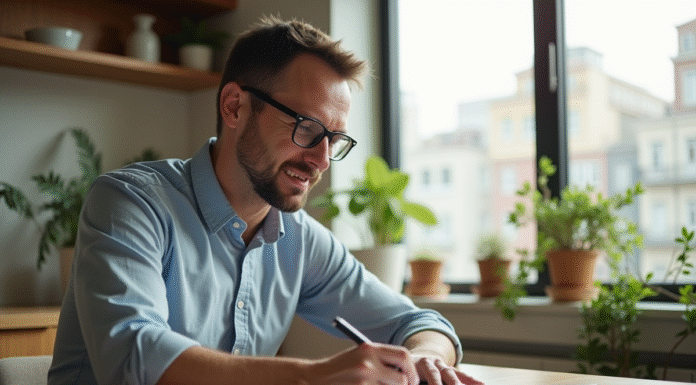 Homme d'une trentaine d'années relisant des documents dans une cuisine lumineuse