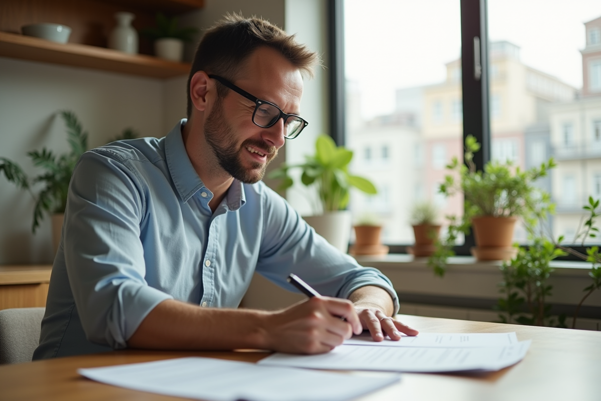Homme d'une trentaine d'années relisant des documents dans une cuisine lumineuse