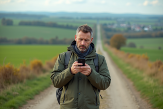 Homme d'âge moyen dans la nature tenant son téléphone portable