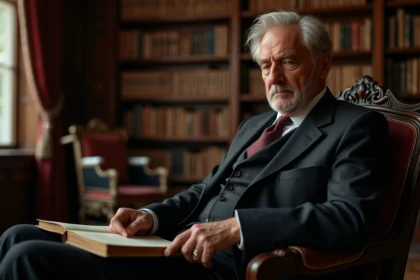 Homme age en costume dans un bureau en bois