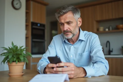 Homme d'âge moyen avec smartphone et facture dans une cuisine