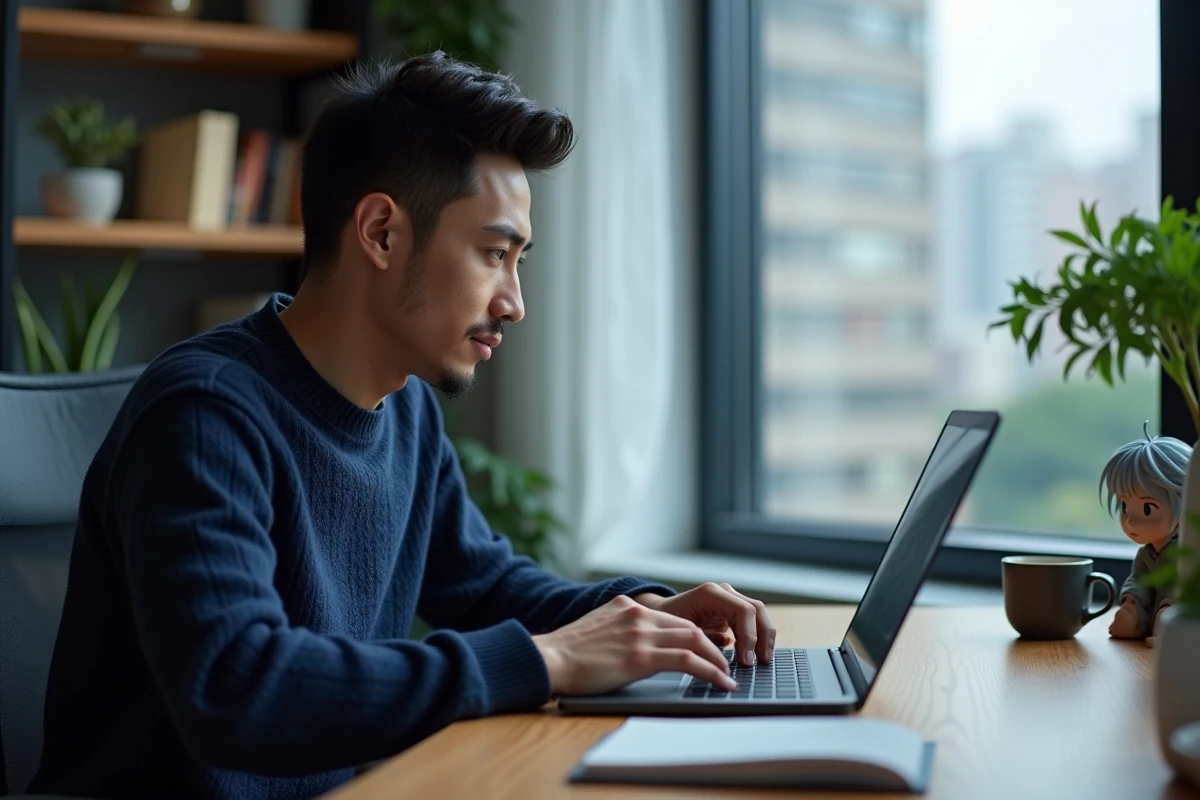 Homme consultant un site de suivi de manga sur ordinateur portable dans un bureau moderne à domicile
