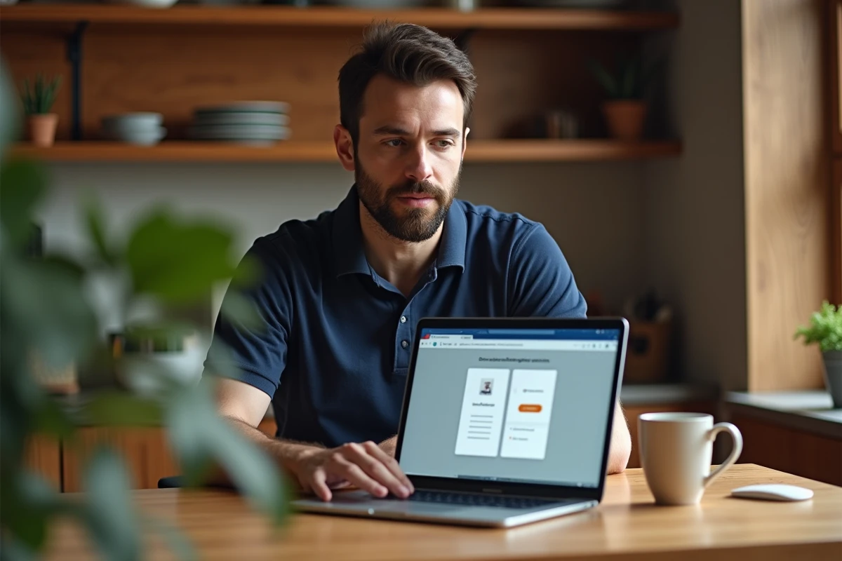 Homme en télétravail comparant un logiciel de scan Epsilone et un site web classique sur son ordinateur portable à domicile
