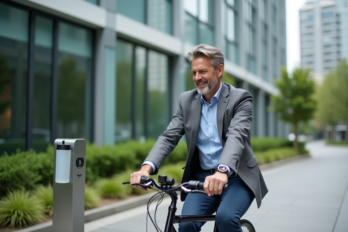 Homme en vélo dehors d’un bâtiment de bureau urbain