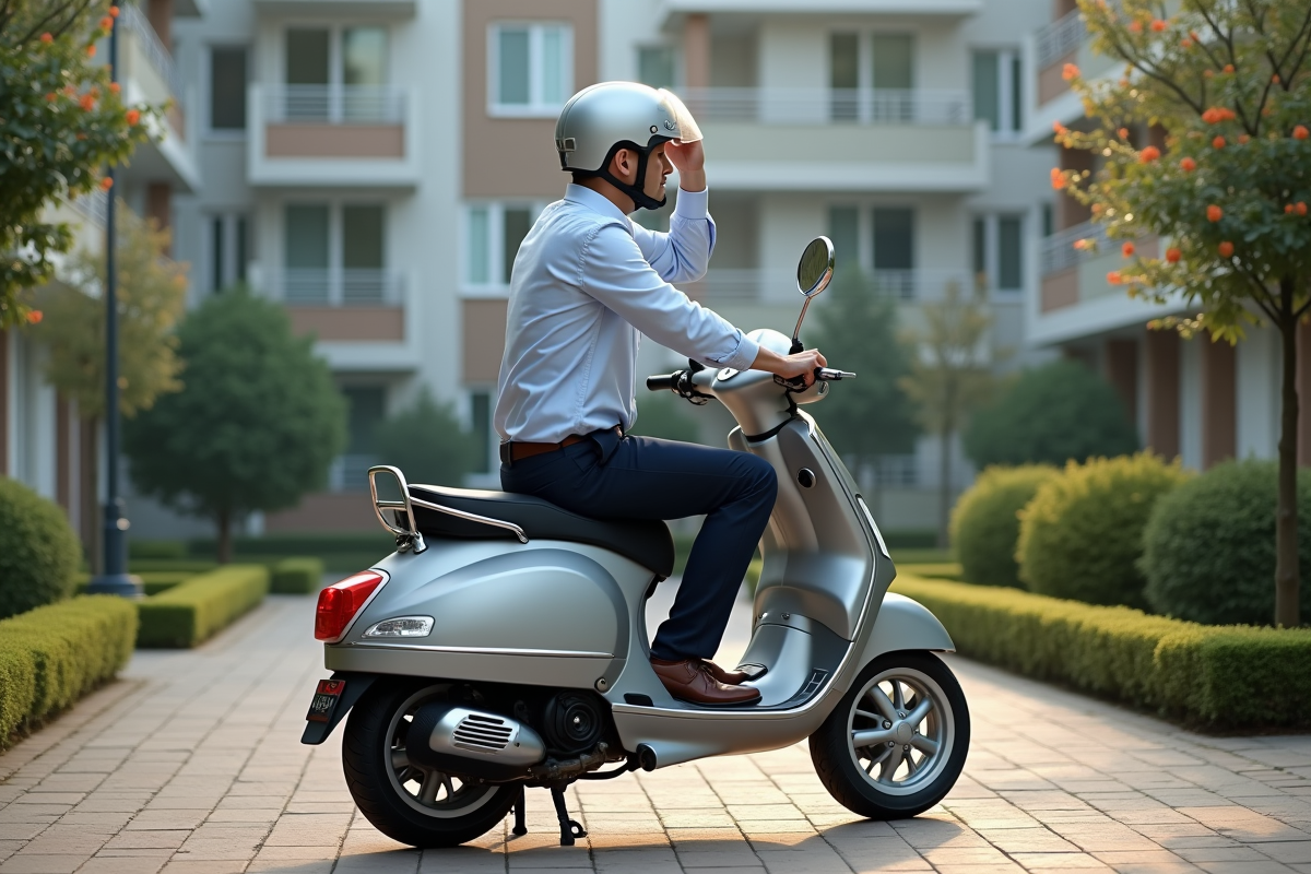 Homme ajustant son casque sur moped en cour