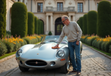 Voitures de collection : avenir et tendances en 2035 Homme polissant une voiture ancienne de luxe en extérieur