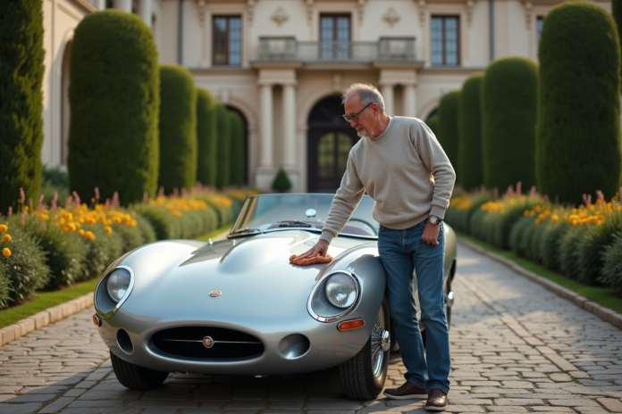 Homme polissant une voiture ancienne de luxe en extérieur
