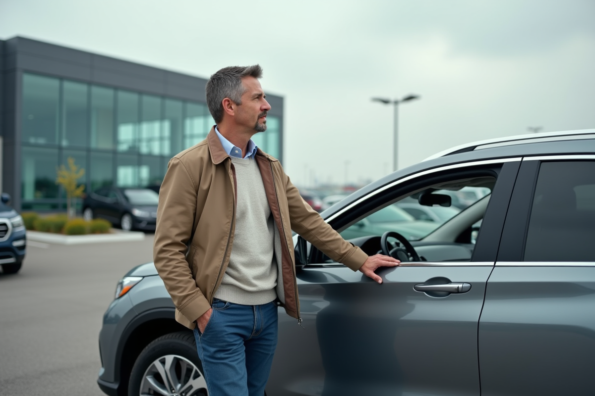 Homme d'âge moyen près d'un SUV d'occasion dans un concessionnaire