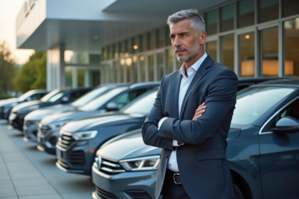 Homme élégant examinant une voiture neuve en concession