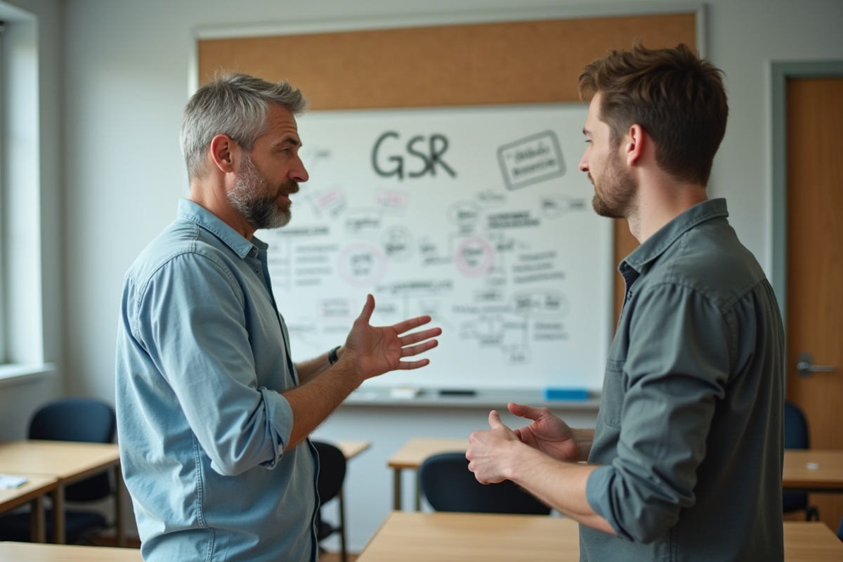 Homme expliquant le diagramme GSR sur un tableau blanc
