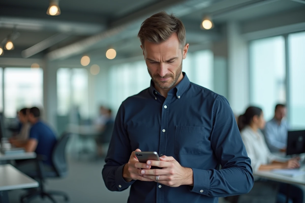 Homme en bureau professionnel composant l'indicatif téléphonique international pour appeler l'Algérie depuis son téléphone