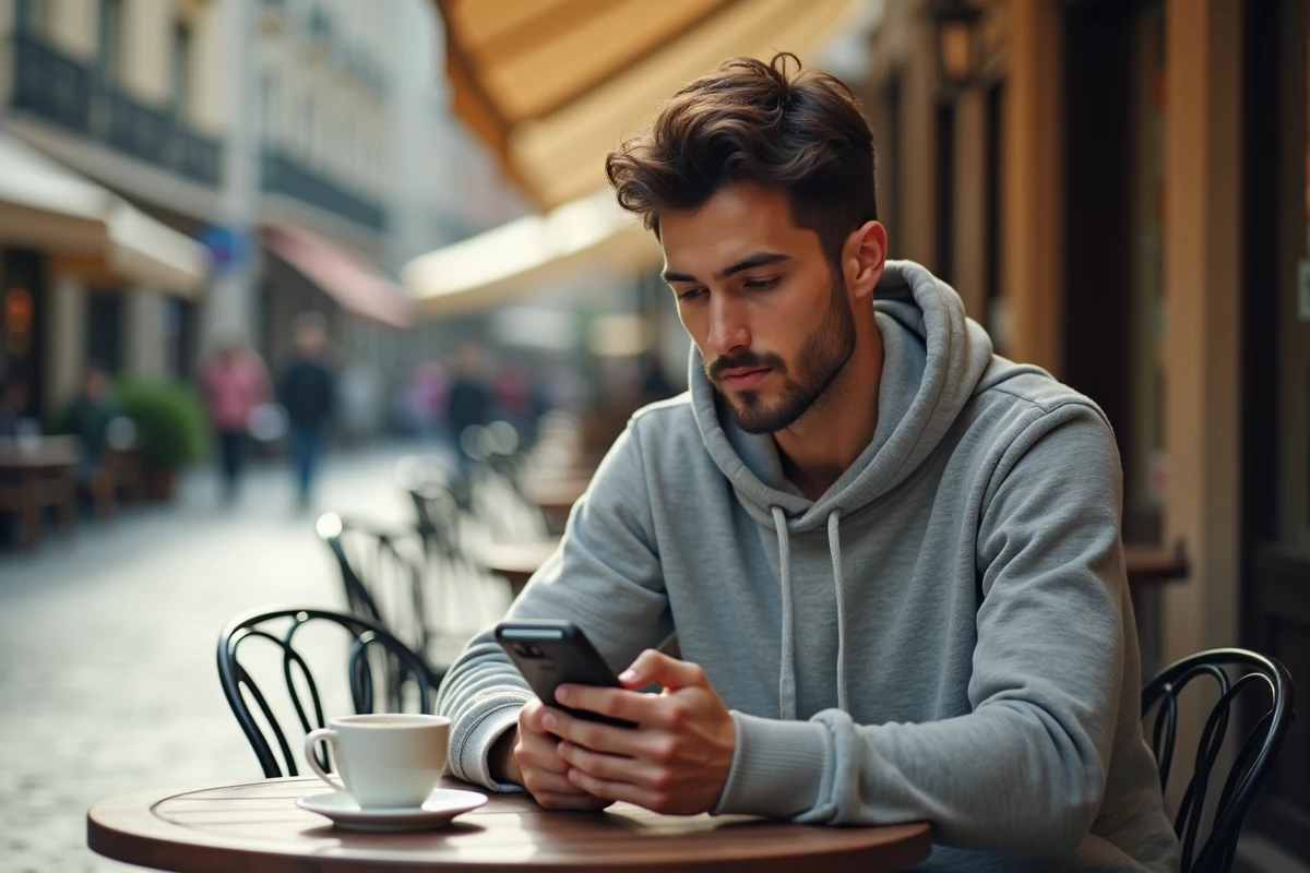 Jeune homme consultant l'indicatif téléphonique de l'Algérie sur son smartphone attablé en terrasse de café en ville